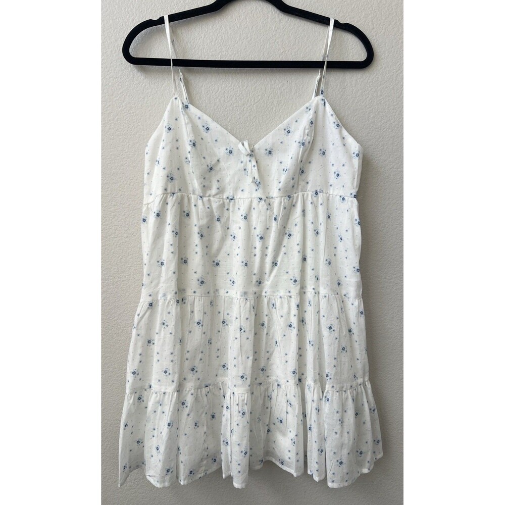 NWT No Boundaries White Blue Tiered Trapeze Floral Mini Dress Large Cottagecore